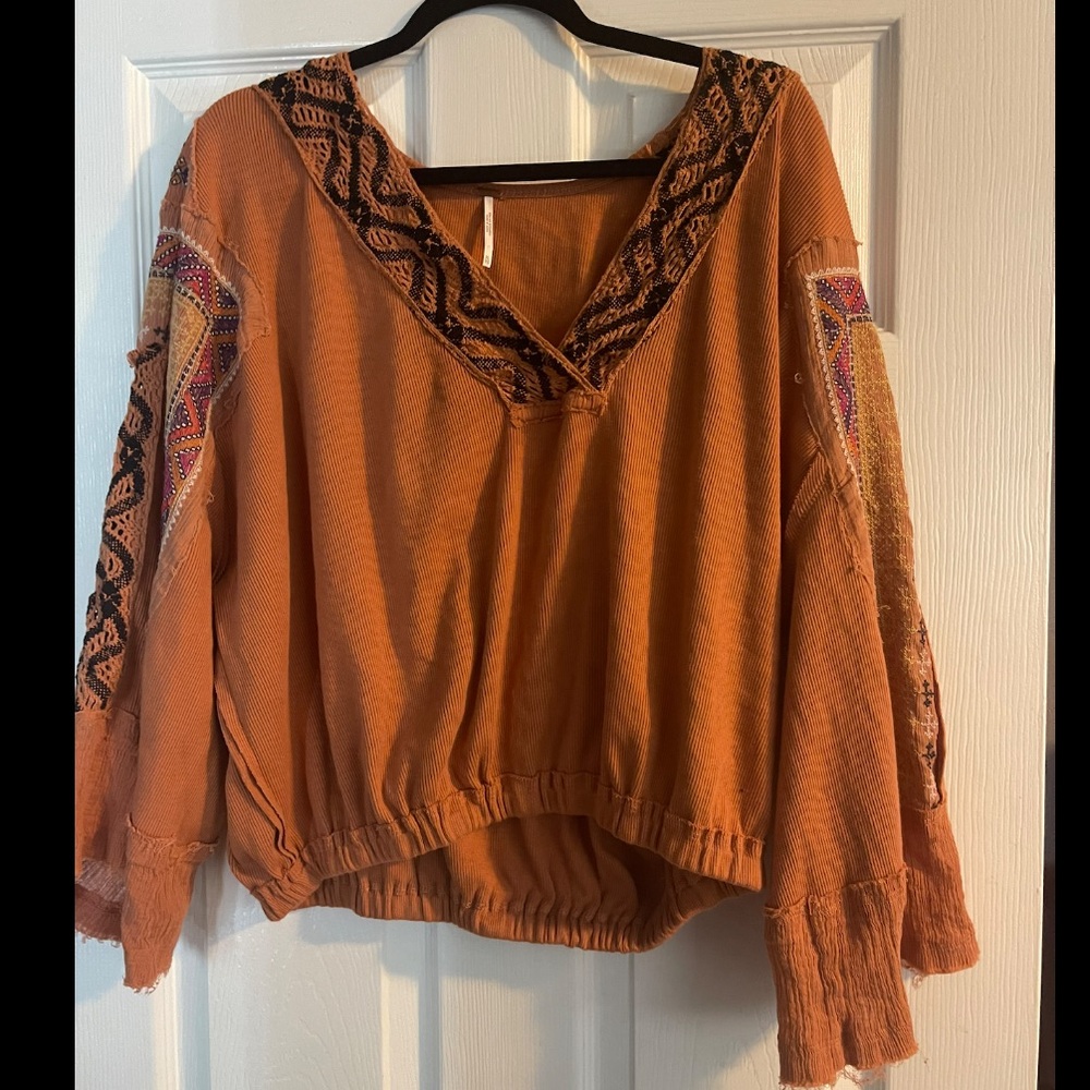 Free People Rust Orange Embroidered V-Neck Pullover